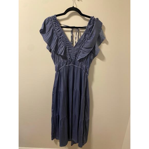 T TAHARI Airflow Ruffle Tiered Midi Dress In Slate-Size M - Picture 2 of 7